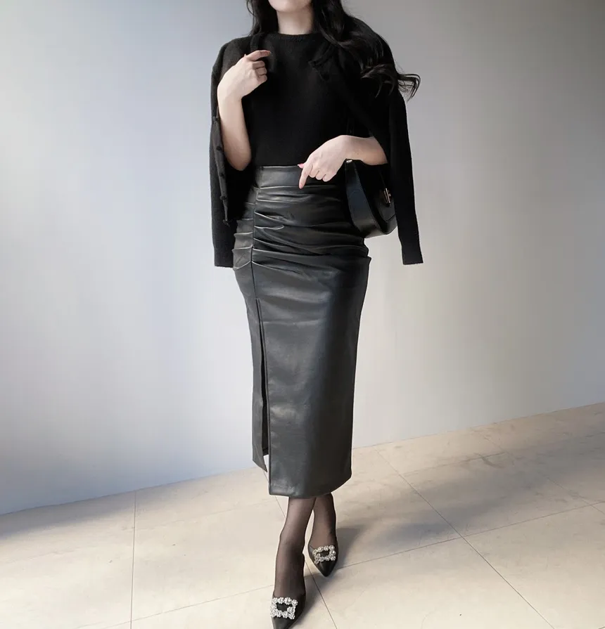 レザー調スリットギャザーロングスカート | mirangmirang | 詳細画像9