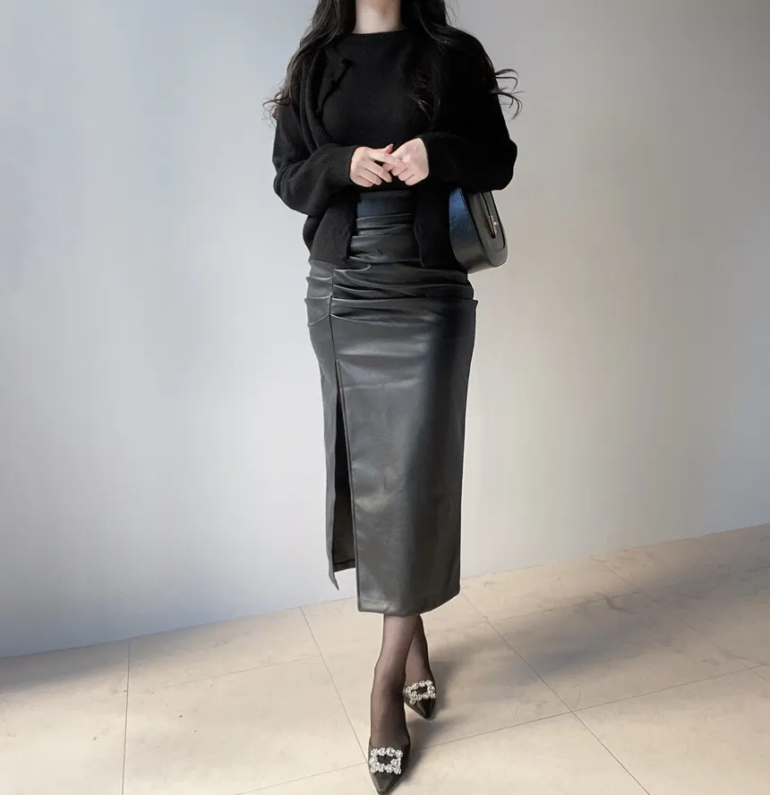 レザー調スリットギャザーロングスカート | mirangmirang | 詳細画像17