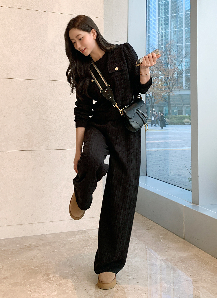 ウエストゴムワイドボタン長袖フェイクポケットゴールドボタンケーブル