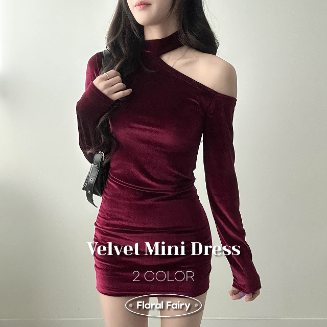 ベロアミニスリムホルターネックワンショルダーワンピース
