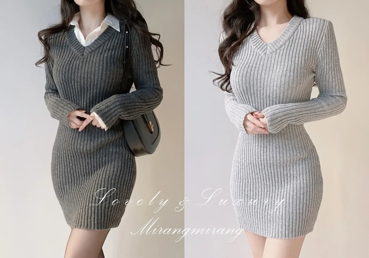 リブVネック長袖Hラインワンピース | mirangmirang | 詳細画像1