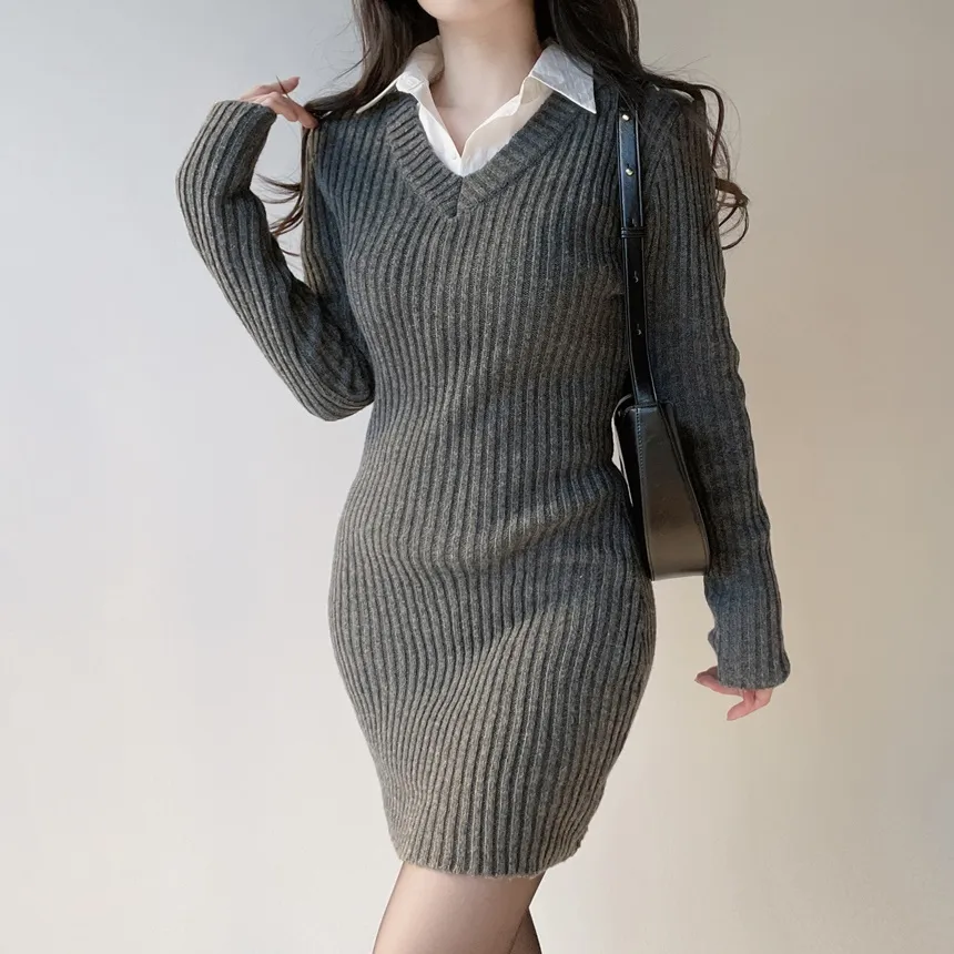 リブVネック長袖Hラインワンピース | mirangmirang | 詳細画像3