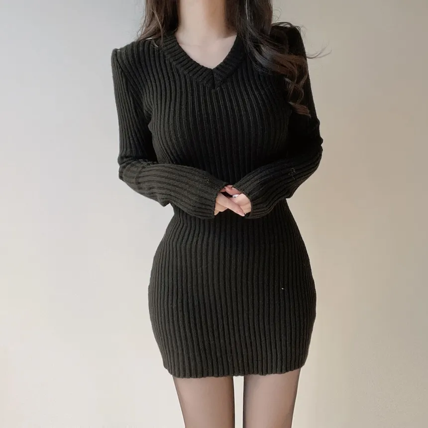 リブVネック長袖Hラインワンピース | mirangmirang | 詳細画像8