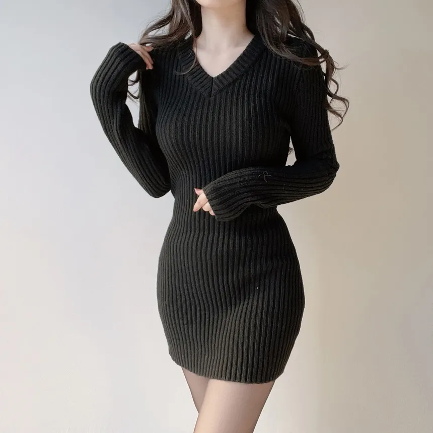 リブVネック長袖Hラインワンピース | mirangmirang | 詳細画像9