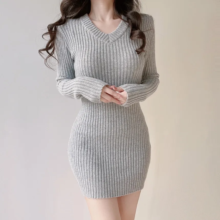 リブVネック長袖Hラインワンピース | mirangmirang | 詳細画像26