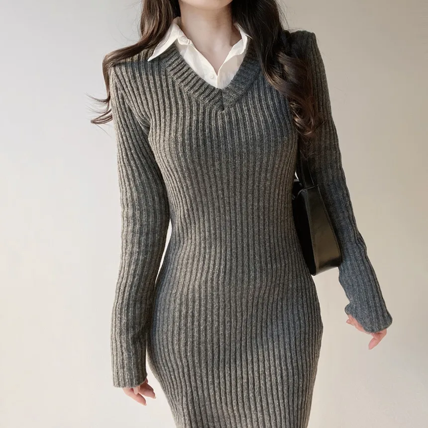 リブVネック長袖Hラインワンピース | mirangmirang | 詳細画像35