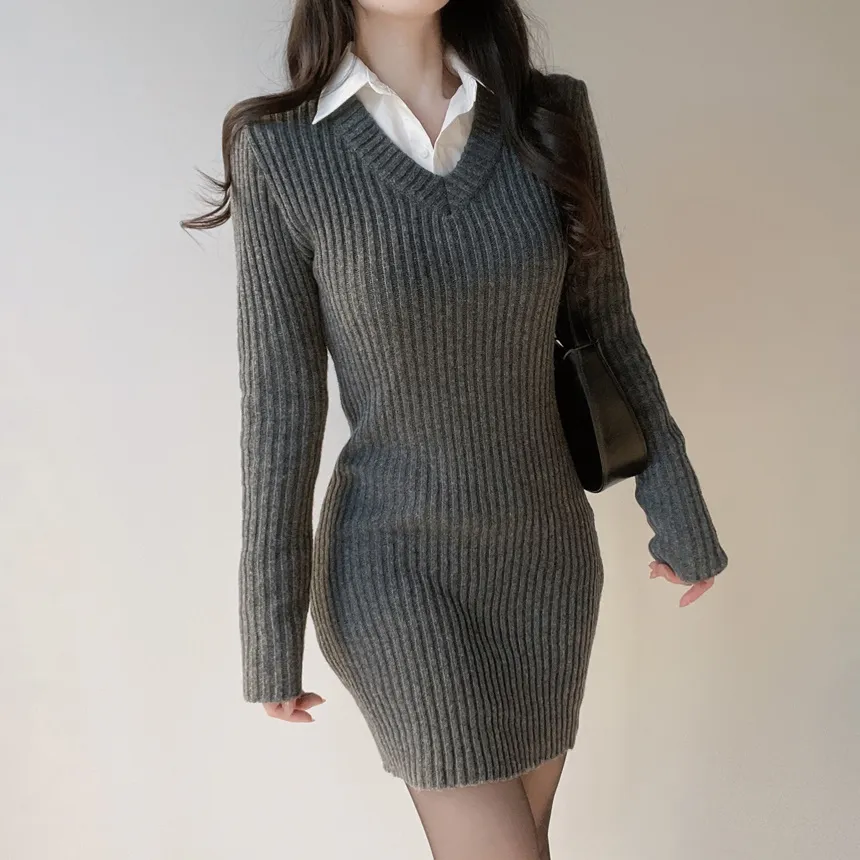 リブVネック長袖Hラインワンピース | mirangmirang | 詳細画像37