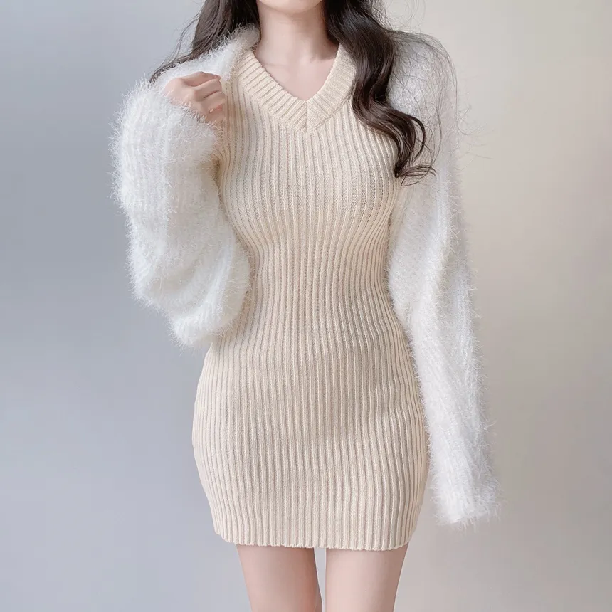 リブVネック長袖Hラインワンピース | mirangmirang | 詳細画像47