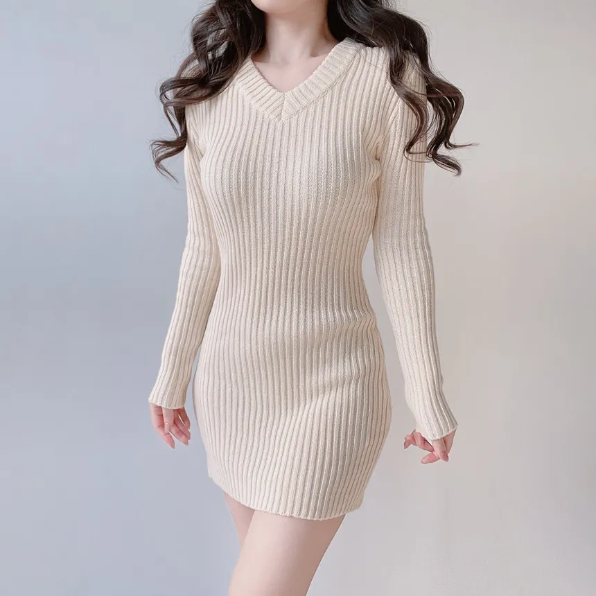 リブVネック長袖Hラインワンピース | mirangmirang | 詳細画像49