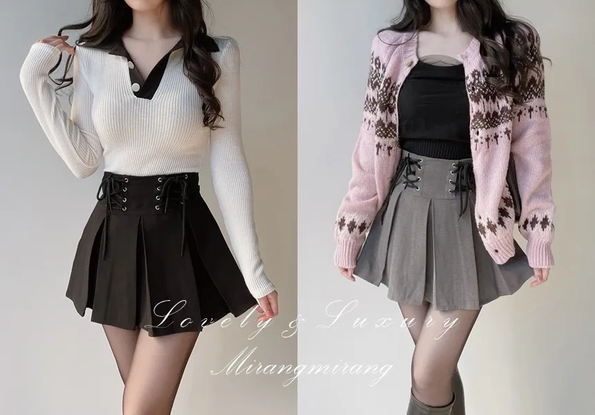 プリーツドローストリングアイレットHラインスカート | mirangmirang | 詳細画像1