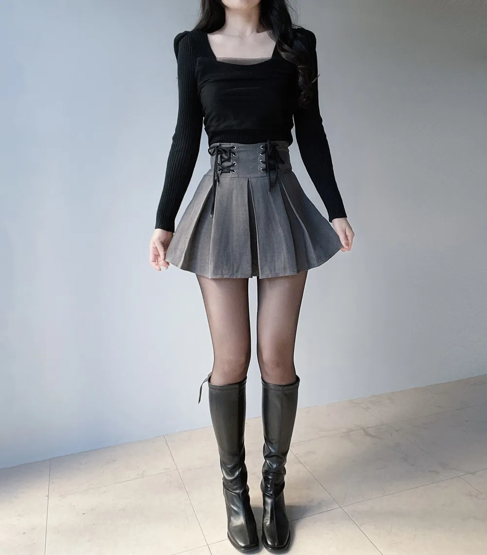 プリーツドローストリングアイレットHラインスカート | mirangmirang | 詳細画像9