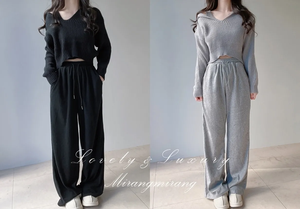 Vネックセーラーカラーラウンドネッククロップドウエストゴムワイド3 SETニットパンツノースリーブ | mirangmirang | 詳細画像1