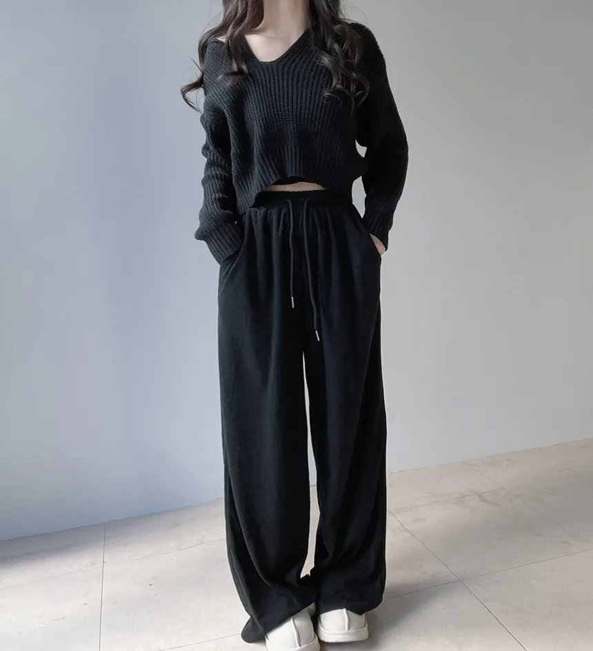 Vネックセーラーカラーラウンドネッククロップドウエストゴムワイド3 SETニットパンツノースリーブ | mirangmirang | 詳細画像2