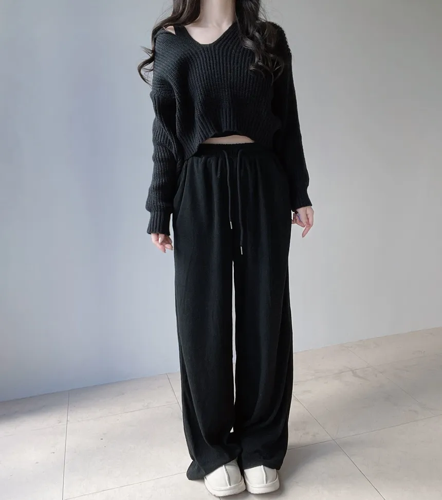 Vネックセーラーカラーラウンドネッククロップドウエストゴムワイド3 SETニットパンツノースリーブ | mirangmirang | 詳細画像3