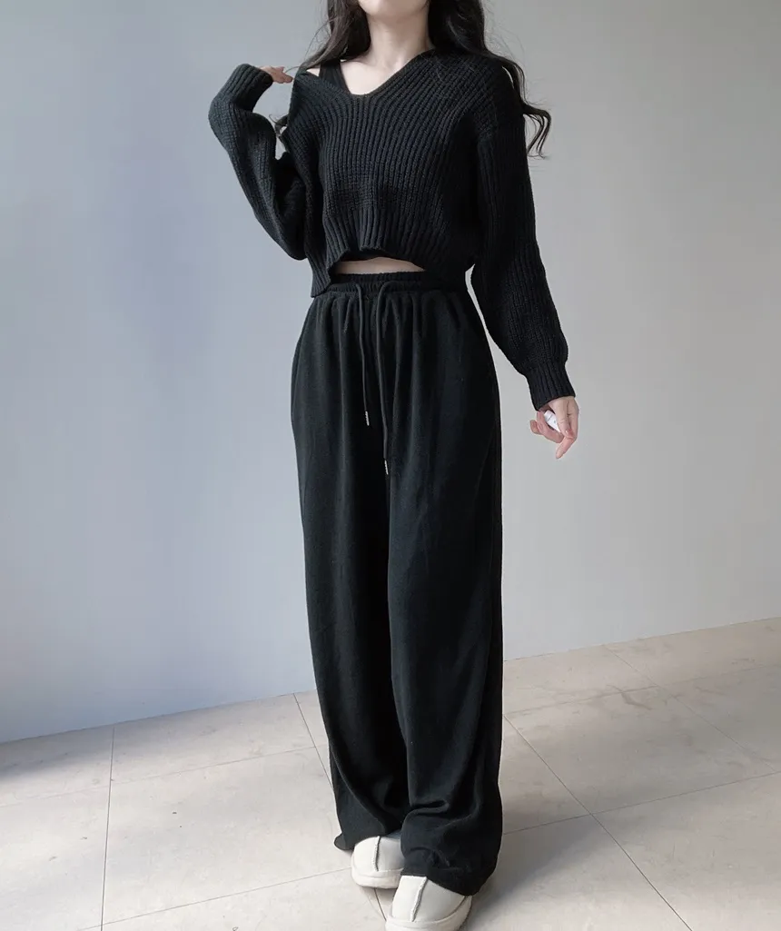 Vネックセーラーカラーラウンドネッククロップドウエストゴムワイド3 SETニットパンツノースリーブ | mirangmirang | 詳細画像4