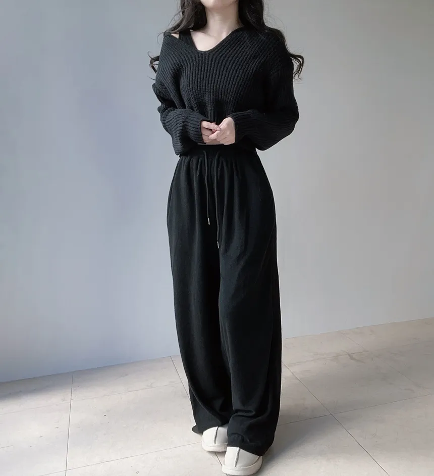 Vネックセーラーカラーラウンドネッククロップドウエストゴムワイド3 SETニットパンツノースリーブ | mirangmirang | 詳細画像5