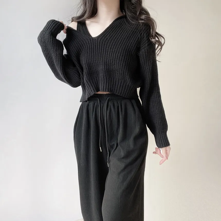 Vネックセーラーカラーラウンドネッククロップドウエストゴムワイド3 SETニットパンツノースリーブ | mirangmirang | 詳細画像7