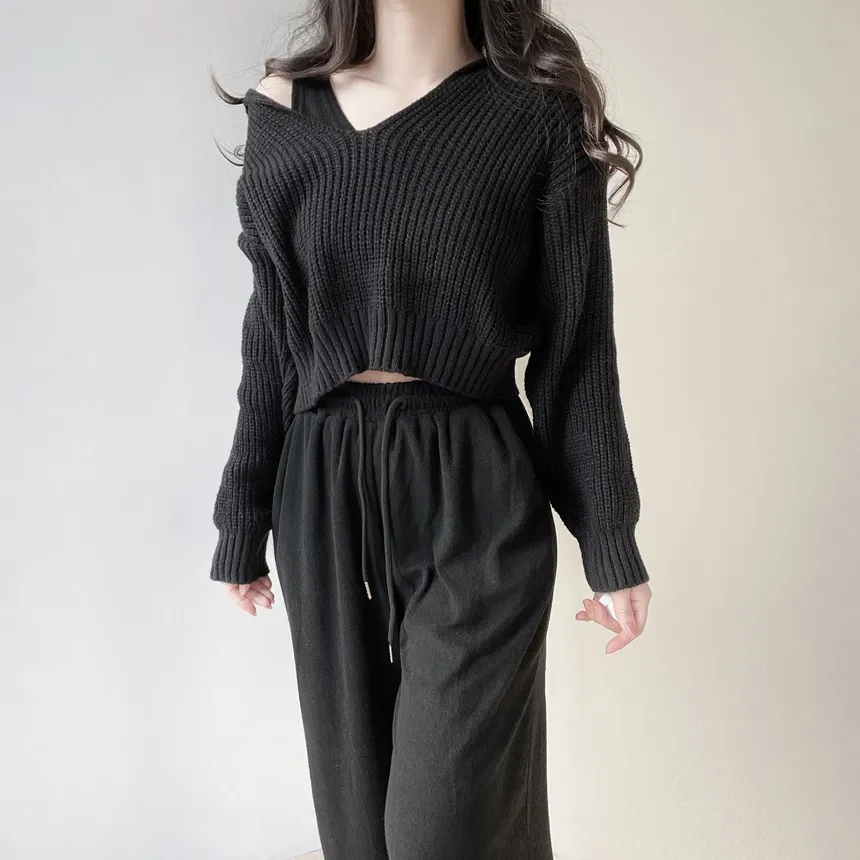 Vネックセーラーカラーラウンドネッククロップドウエストゴムワイド3 SETニットパンツノースリーブ | mirangmirang | 詳細画像8