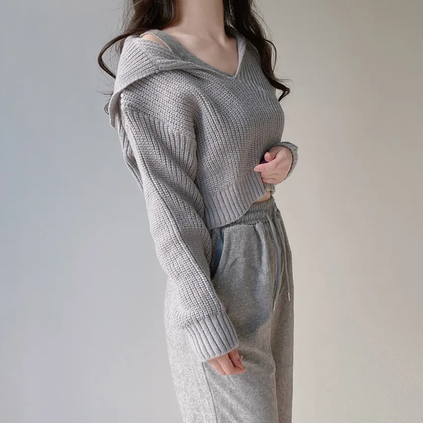 Vネックセーラーカラーラウンドネッククロップドウエストゴムワイド3 SETニットパンツノースリーブ | mirangmirang | 詳細画像9