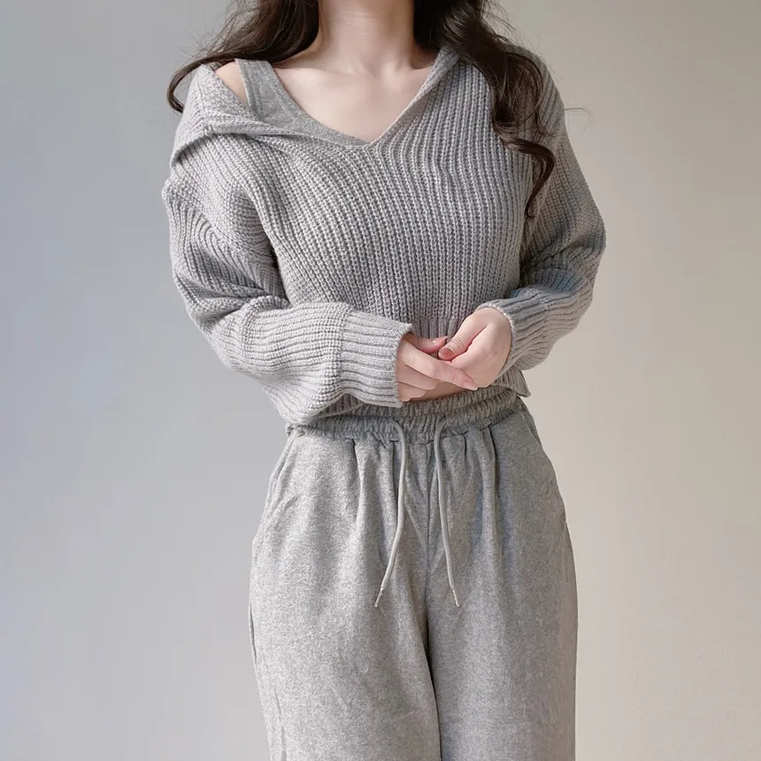 Vネックセーラーカラーラウンドネッククロップドウエストゴムワイド3 SETニットパンツノースリーブ | mirangmirang | 詳細画像10