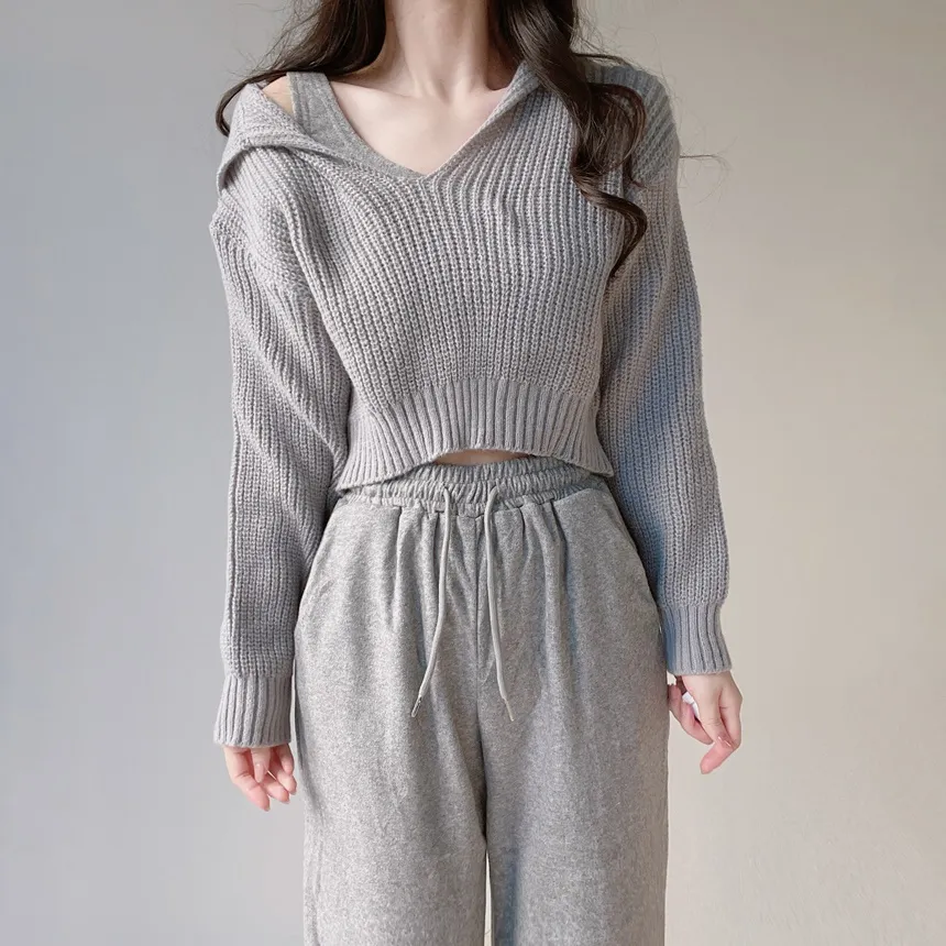 Vネックセーラーカラーラウンドネッククロップドウエストゴムワイド3 SETニットパンツノースリーブ | mirangmirang | 詳細画像11