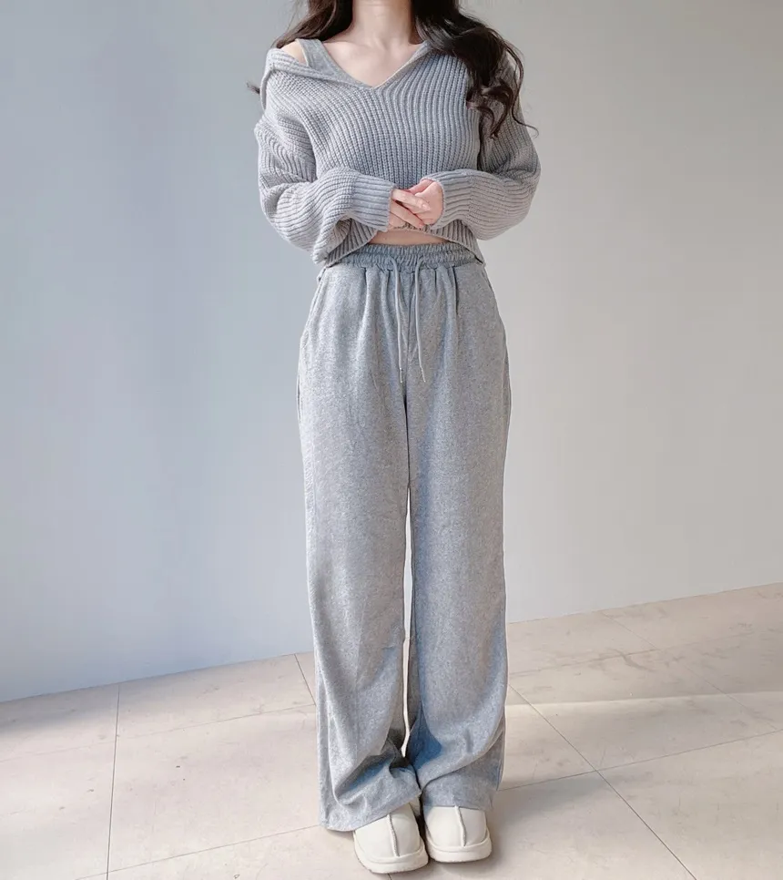 Vネックセーラーカラーラウンドネッククロップドウエストゴムワイド3 SETニットパンツノースリーブ | mirangmirang | 詳細画像14