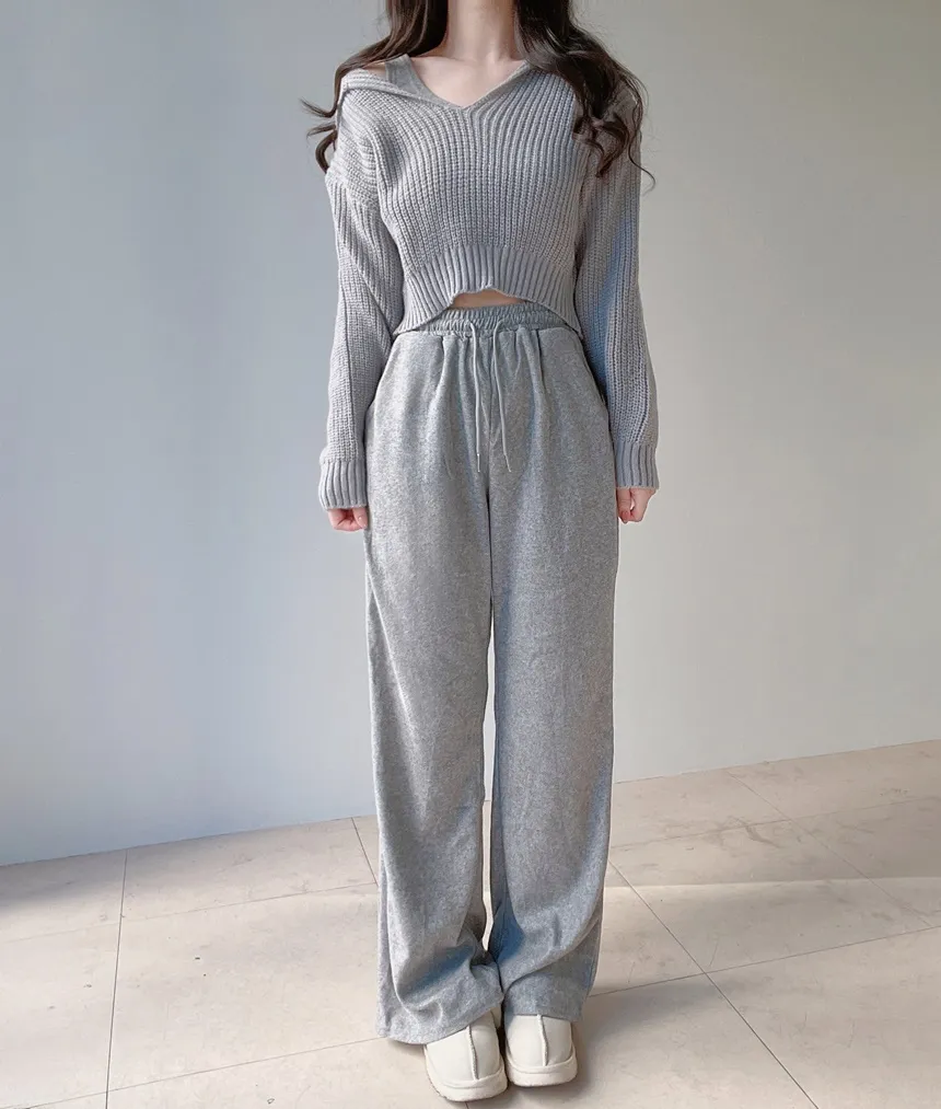 Vネックセーラーカラーラウンドネッククロップドウエストゴムワイド3 SETニットパンツノースリーブ | mirangmirang | 詳細画像15