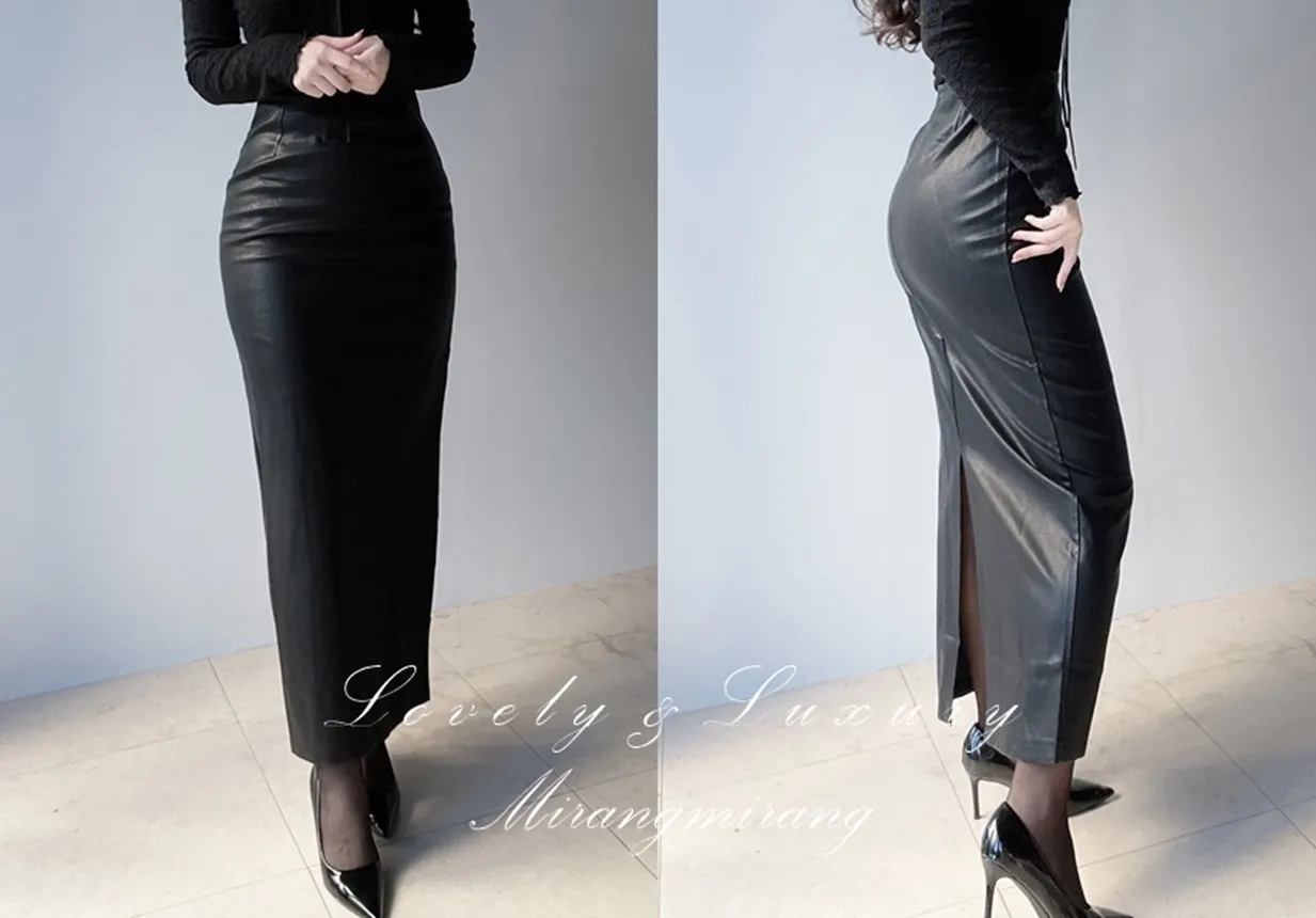 レザー調Hライン(ロング丈)スリットスカート | mirangmirang | 詳細画像1