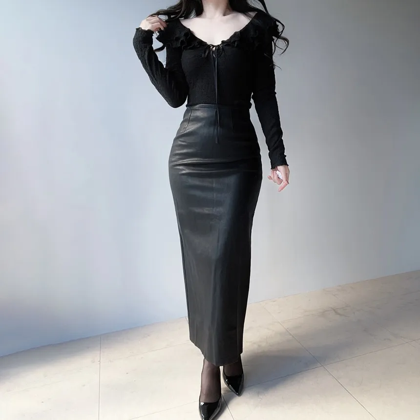 レザー調Hライン(ロング丈)スリットスカート | mirangmirang | 詳細画像8