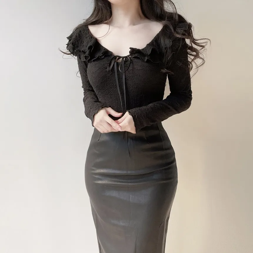 レザー調Hライン(ロング丈)スリットスカート | mirangmirang | 詳細画像10