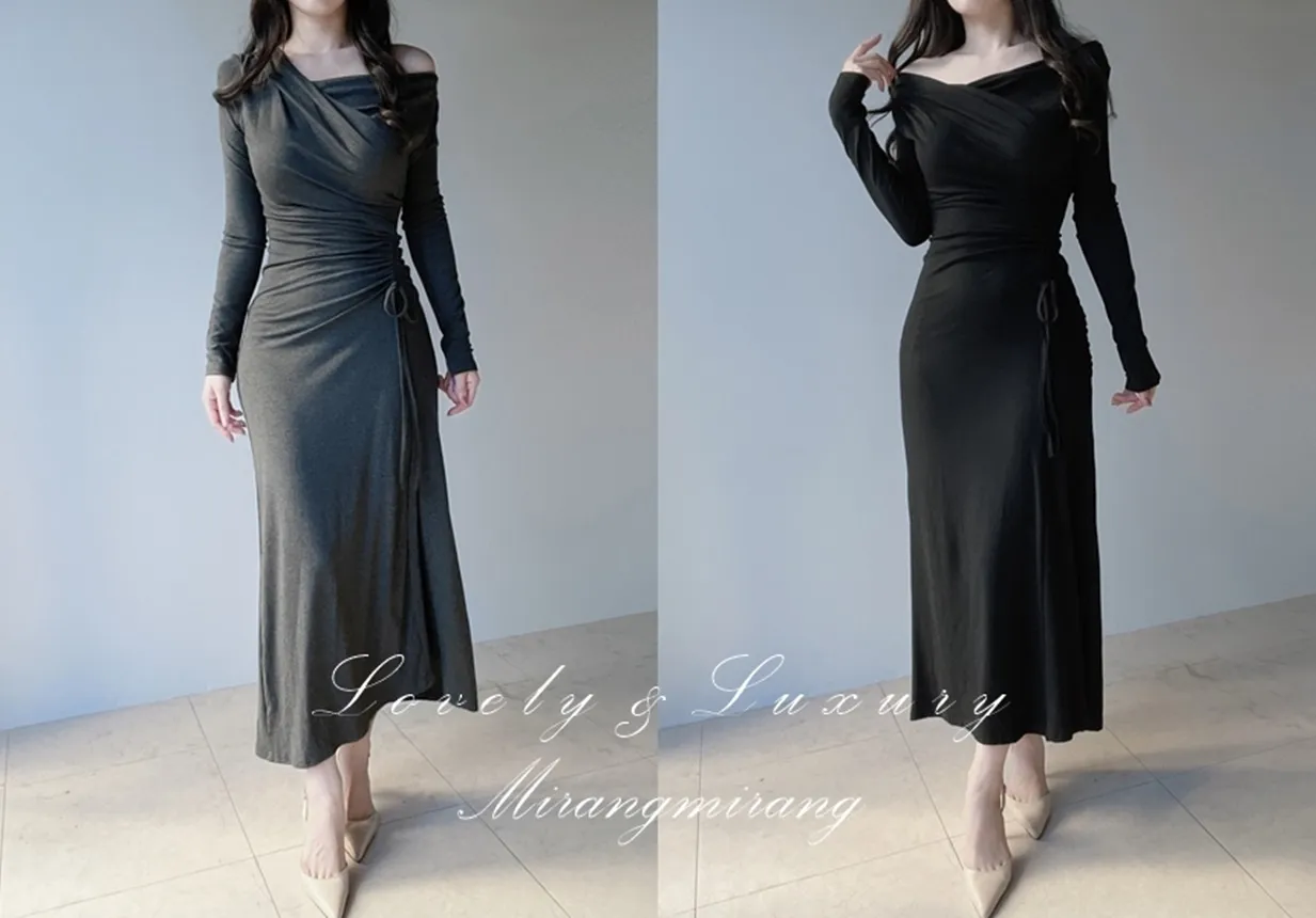 ワンショルダードレープシャーリングドローストリングロングワンピース | mirangmirang | 詳細画像1