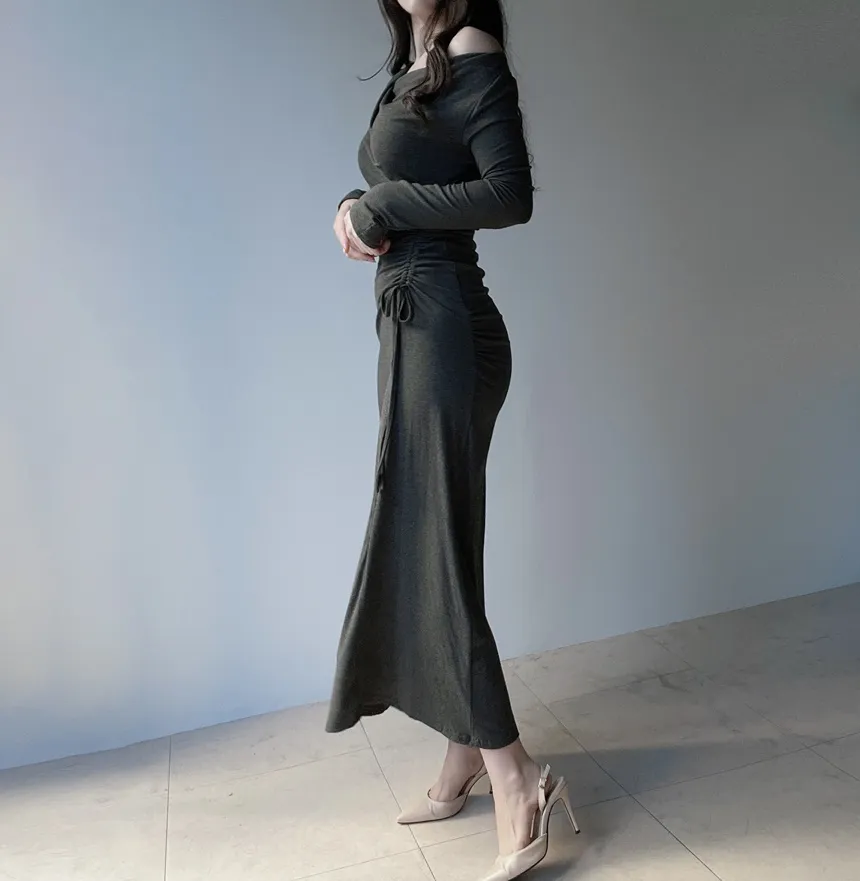 ワンショルダードレープシャーリングドローストリングロングワンピース | mirangmirang | 詳細画像4