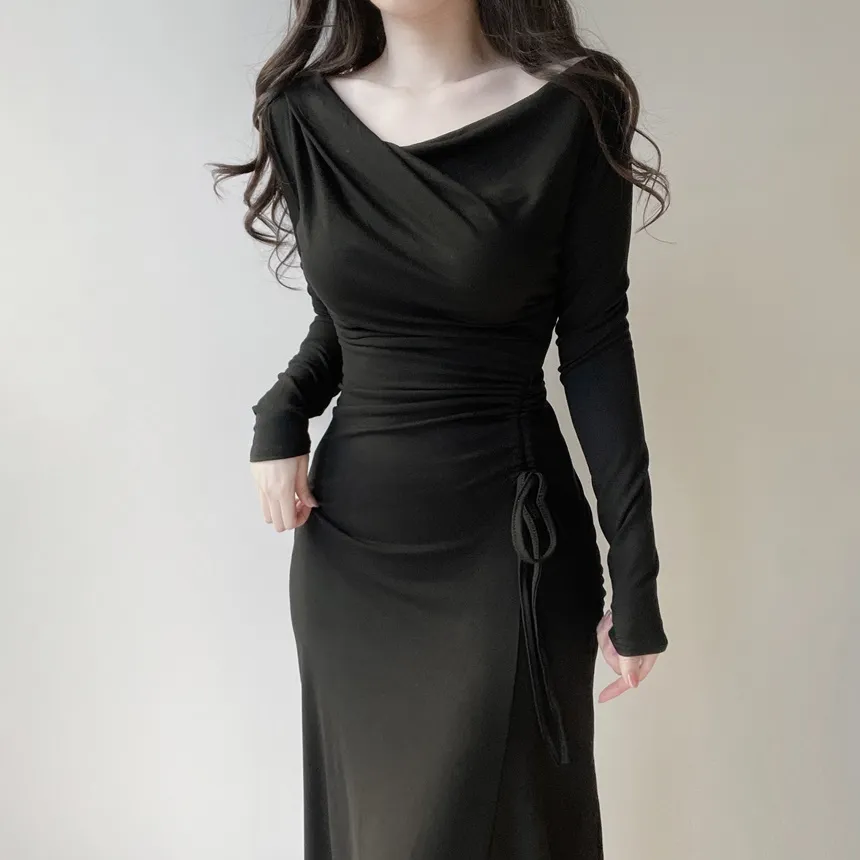 ワンショルダードレープシャーリングドローストリングロングワンピース | mirangmirang | 詳細画像12