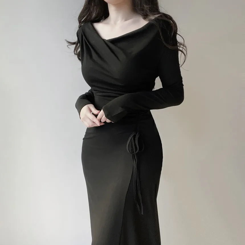 ワンショルダードレープシャーリングドローストリングロングワンピース | mirangmirang | 詳細画像13