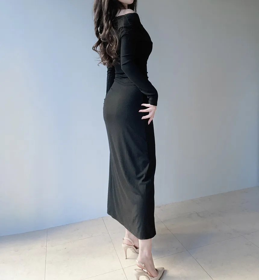 ワンショルダードレープシャーリングドローストリングロングワンピース | mirangmirang | 詳細画像17