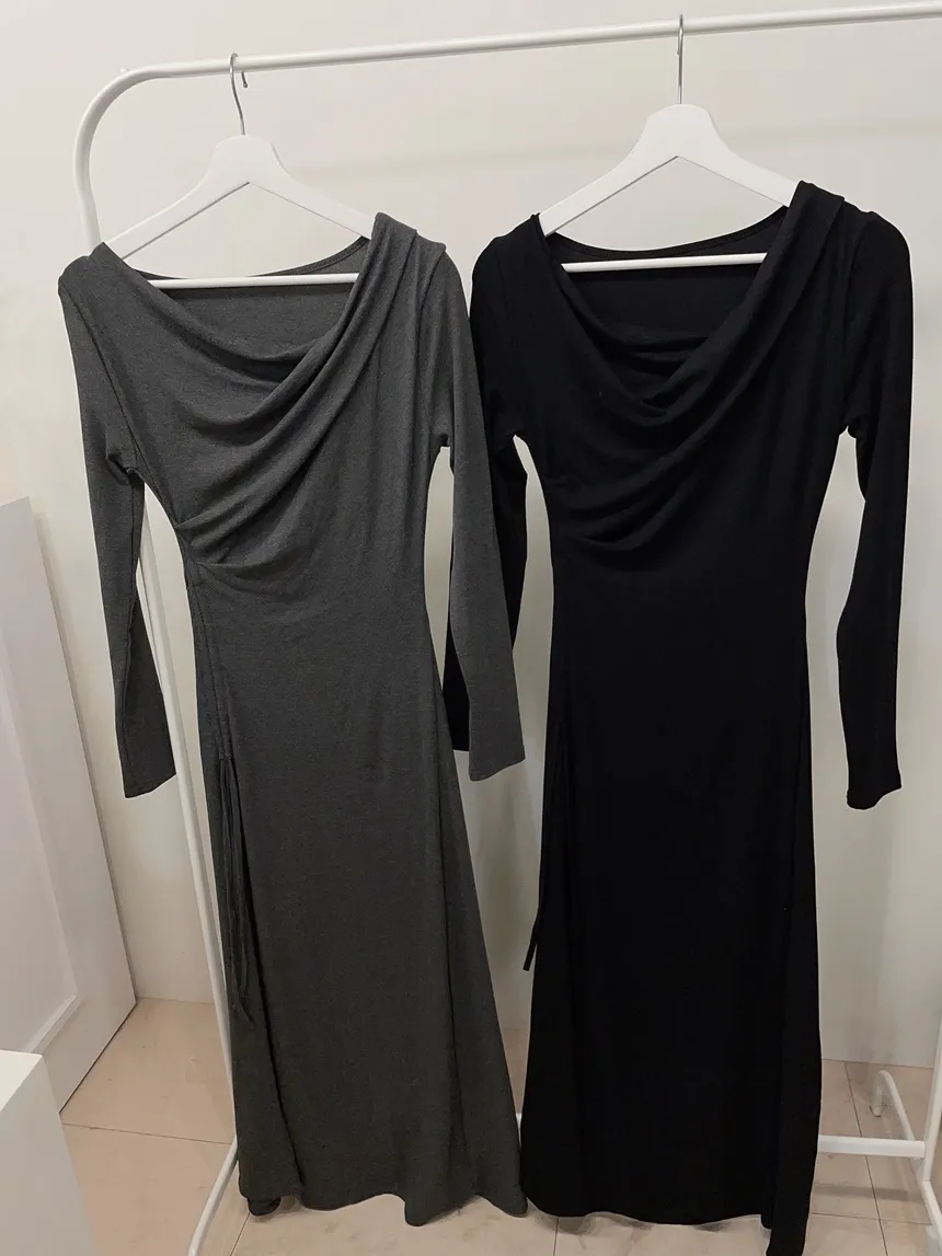 ワンショルダードレープシャーリングドローストリングロングワンピース | mirangmirang | 詳細画像18