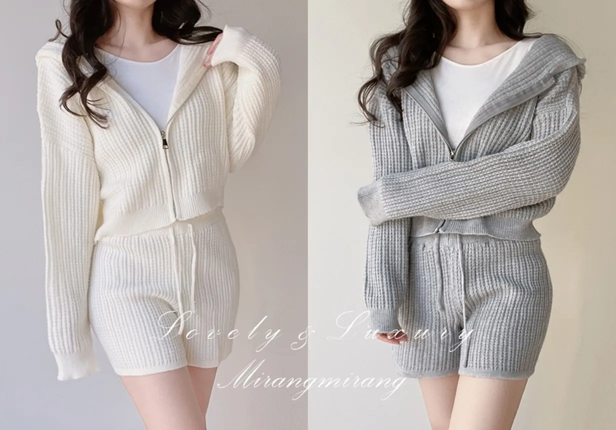 フードジップアップショートウエストゴムカーディガンショートパンツ | mirangmirang | 詳細画像1