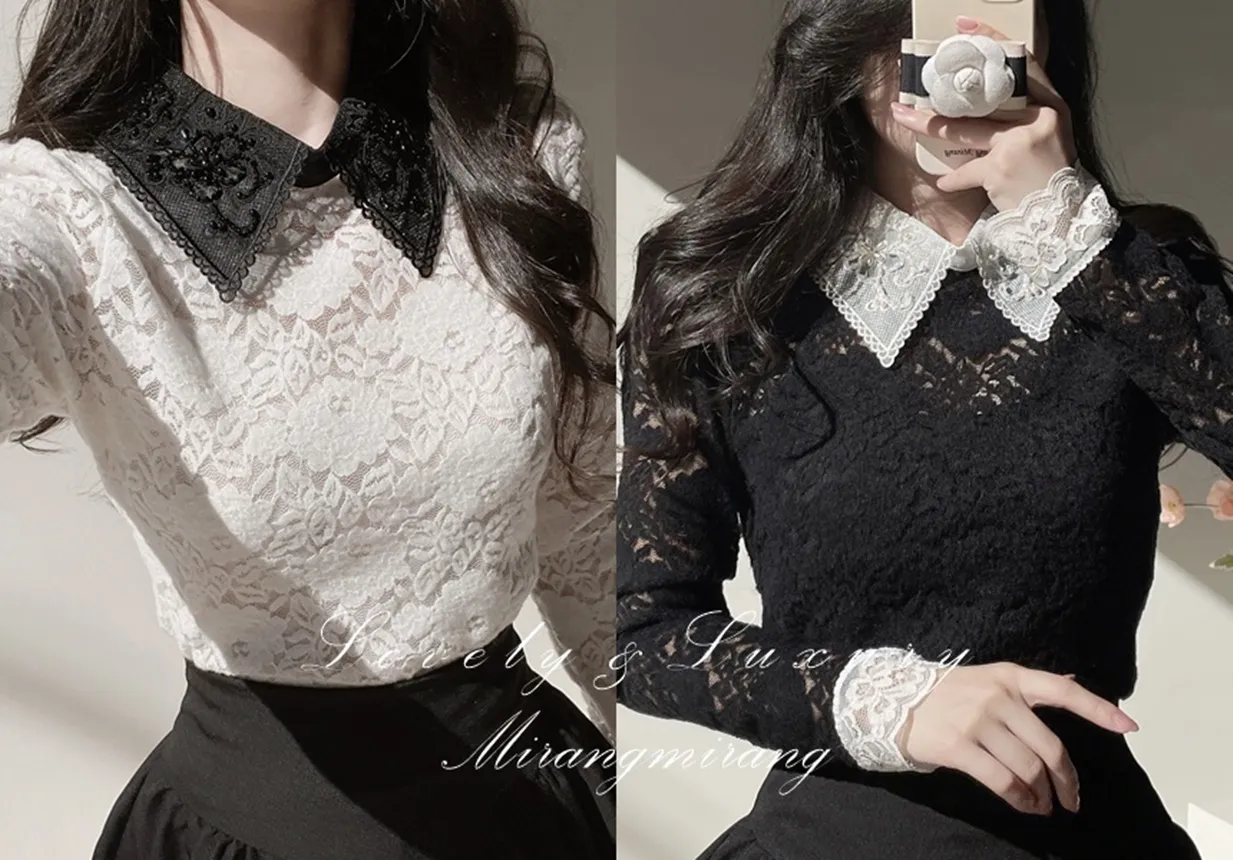 カラー長袖レース配色ブラウス | mirangmirang | 詳細画像1
