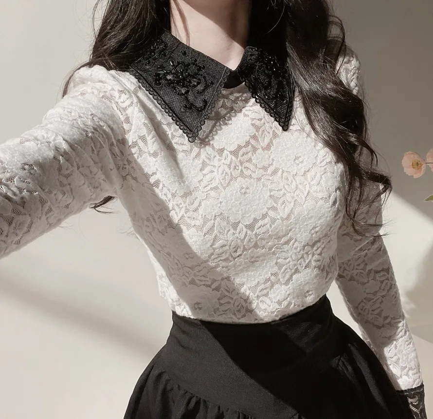 カラー長袖レース配色ブラウス | mirangmirang | 詳細画像2