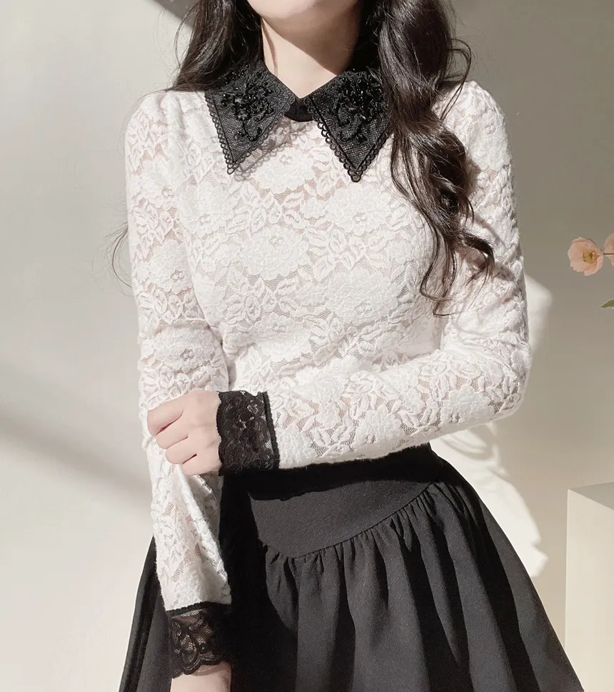 カラー長袖レース配色ブラウス | mirangmirang | 詳細画像3