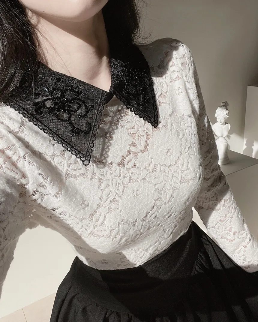 カラー長袖レース配色ブラウス | mirangmirang | 詳細画像4