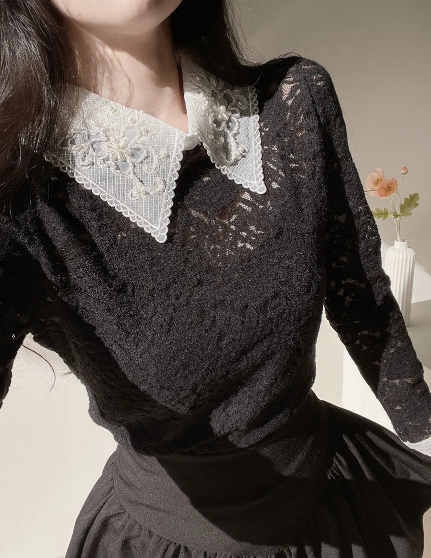 カラー長袖レース配色ブラウス | mirangmirang | 詳細画像13