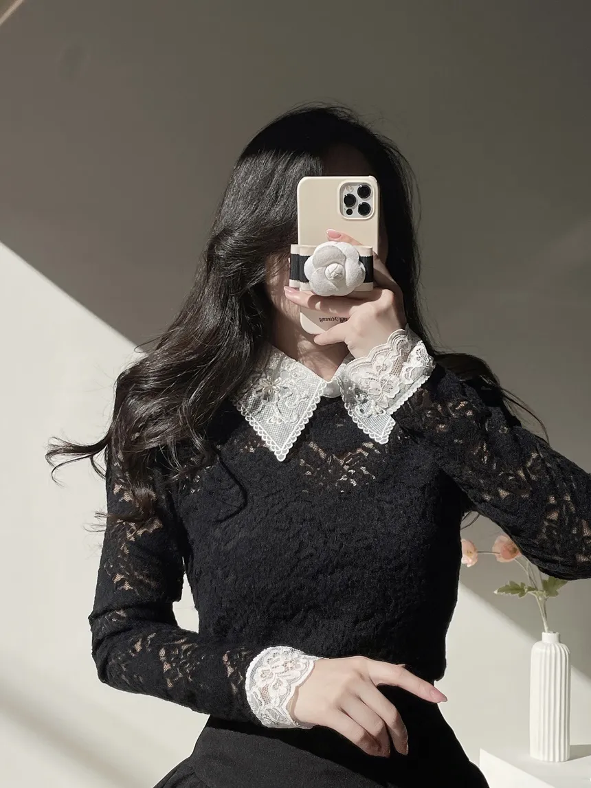 カラー長袖レース配色ブラウス | mirangmirang | 詳細画像15