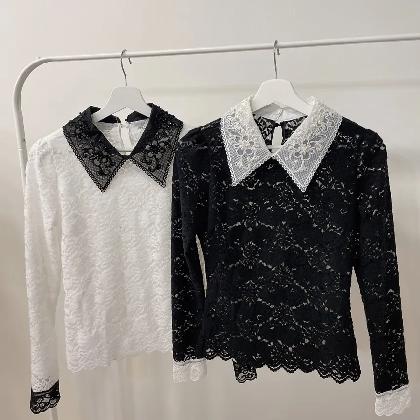 カラー長袖レース配色ブラウス | mirangmirang | 詳細画像20