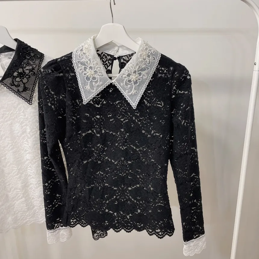 カラー長袖レース配色ブラウス | mirangmirang | 詳細画像21