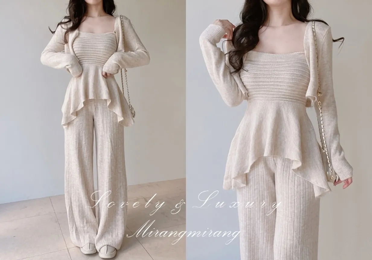 ウール混長袖クロップドフレアウエストゴムワイド3 SETキャミソールカーディガンパンツ | mirangmirang | 詳細画像1