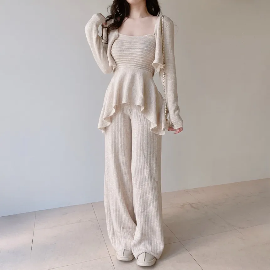 ウール混長袖クロップドフレアウエストゴムワイド3 SETキャミソールカーディガンパンツ | mirangmirang | 詳細画像2