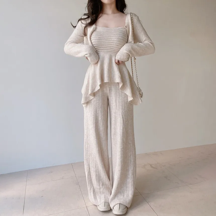 ウール混長袖クロップドフレアウエストゴムワイド3 SETキャミソールカーディガンパンツ | mirangmirang | 詳細画像3