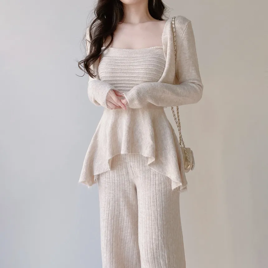 ウール混長袖クロップドフレアウエストゴムワイド3 SETキャミソールカーディガンパンツ | mirangmirang | 詳細画像4