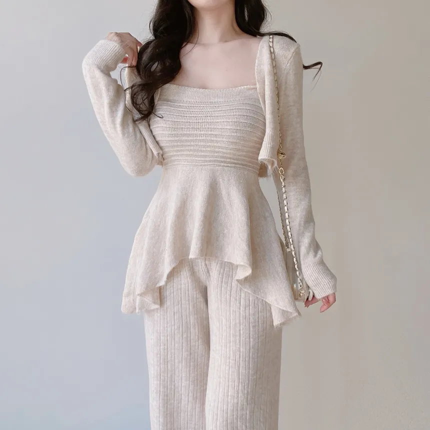 ウール混長袖クロップドフレアウエストゴムワイド3 SETキャミソールカーディガンパンツ | mirangmirang | 詳細画像5